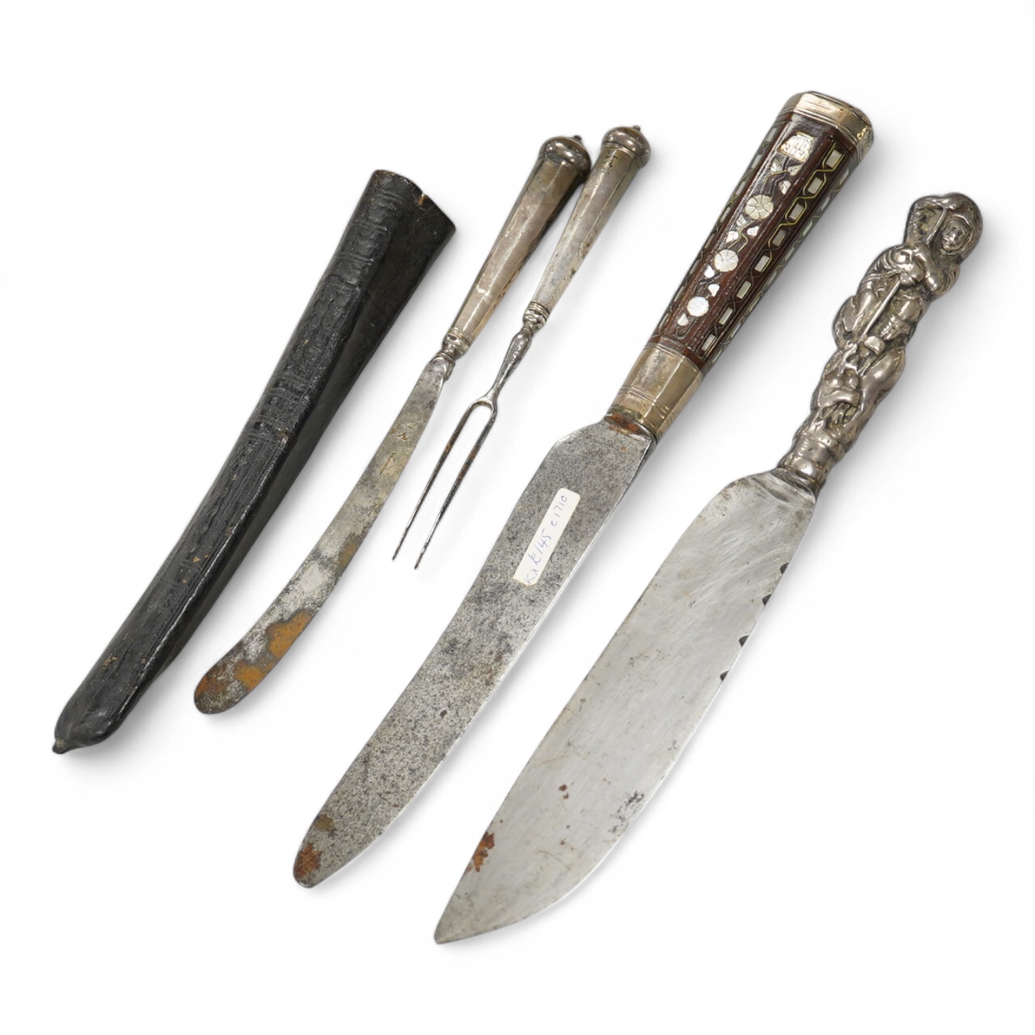 Three 17th / 18th century steel bladed knives, one in a leather sheath with matching fork. Longest 24cm.